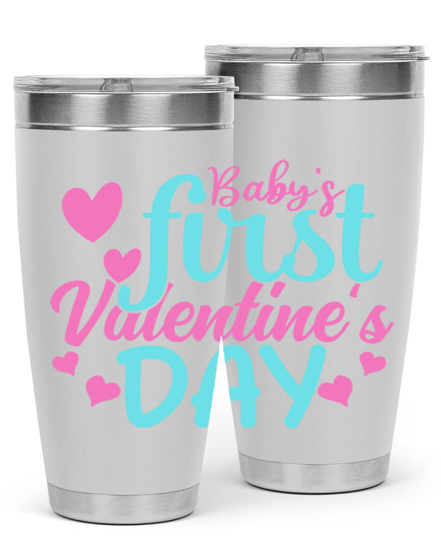 A stylish 20oz stainless steel tumbler designed for baby's first Valentine's Day, featuring a press-in lid and vibrant print.