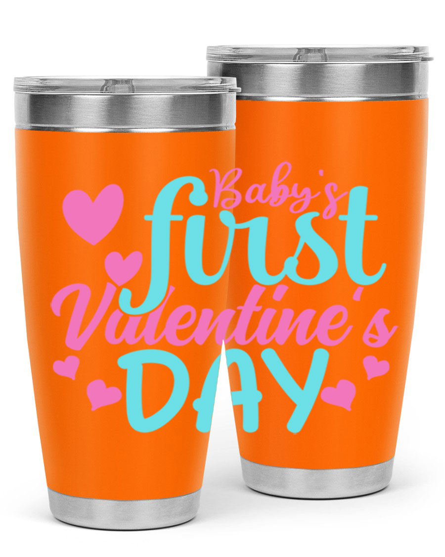 A stylish 20oz stainless steel tumbler designed for baby's first Valentine's Day, featuring a press-in lid and vibrant print.