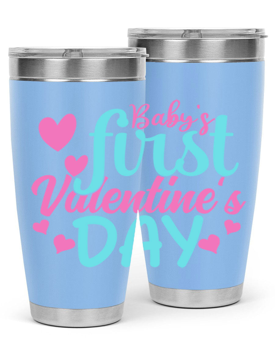 A stylish 20oz stainless steel tumbler designed for baby's first Valentine's Day, featuring a press-in lid and vibrant print.