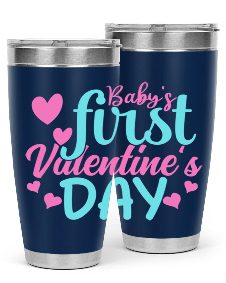 A stylish 20oz stainless steel tumbler designed for baby's first Valentine's Day, featuring a press-in lid and vibrant print.