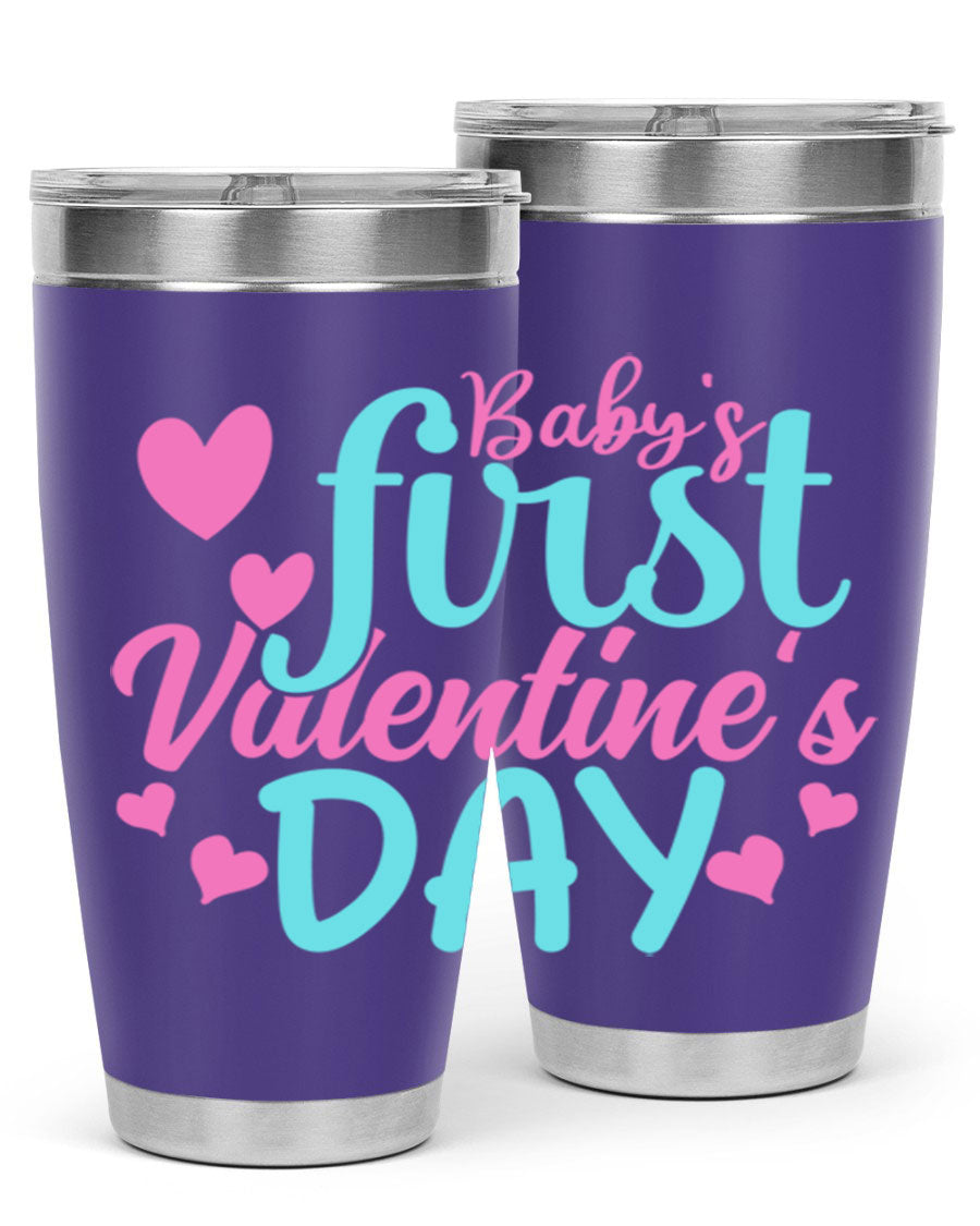 A stylish 20oz stainless steel tumbler designed for baby's first Valentine's Day, featuring a press-in lid and vibrant print.