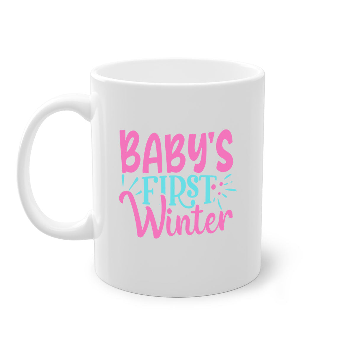 A stylish two-tone Baby's First Winter Mug with a colored handle and glossy finish, available in multiple colors.