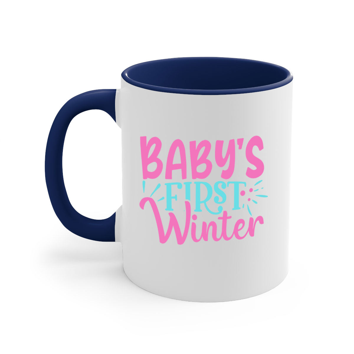 A stylish two-tone Baby's First Winter Mug with a colored handle and glossy finish, available in multiple colors.