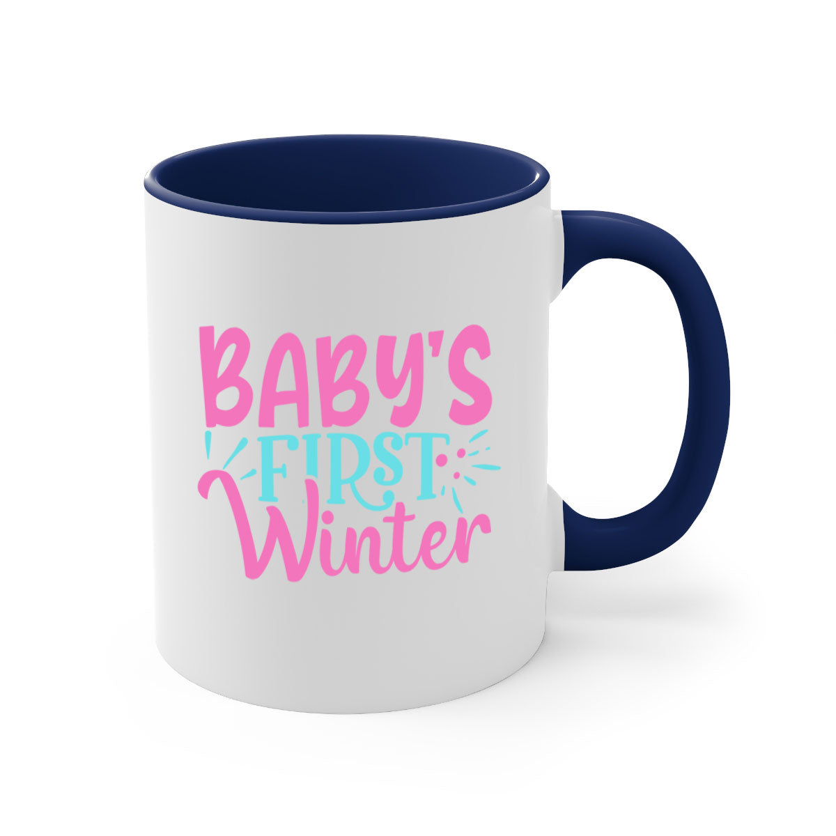 A stylish two-tone Baby's First Winter Mug with a colored handle and glossy finish, available in multiple colors.
