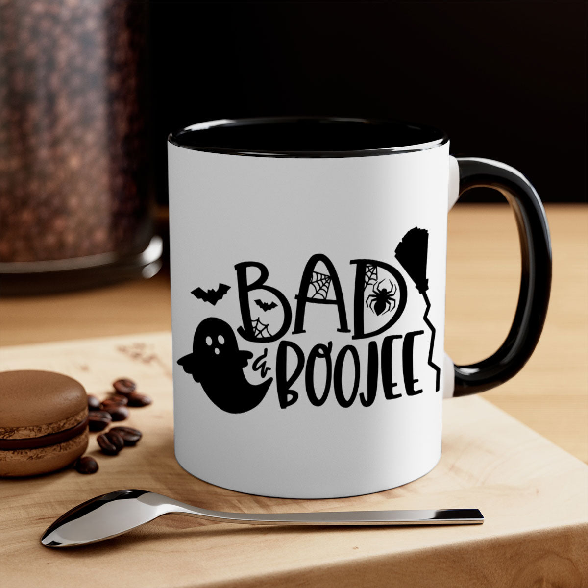 Bad Boojee 93# Halloween Mug with colorful handle and glossy finish, available in multiple colors and sizes.