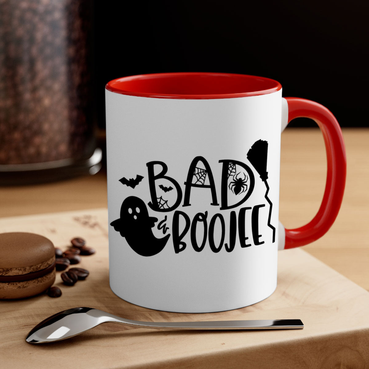 Bad Boojee 93# Halloween Mug with colorful handle and glossy finish, available in multiple colors and sizes.