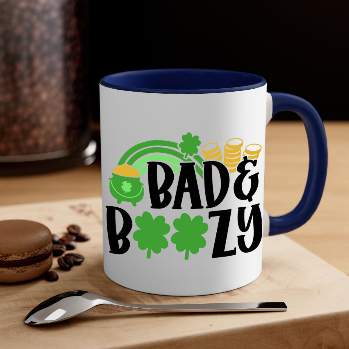 Bad Boozy Style 105# Mug featuring a glossy finish, colored handle, and interior, available in multiple colors for St. Patrick's Day.