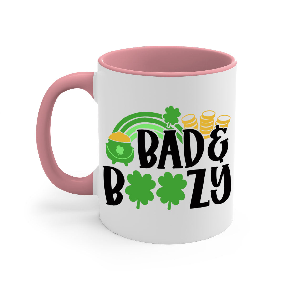 Bad Boozy Style 105# Mug featuring a glossy finish, colored handle, and interior, available in multiple colors for St. Patrick's Day.