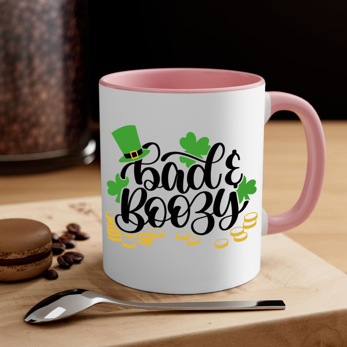 Bad Boozy Style 106# Mug featuring a two-tone design with a colored handle and glossy finish, perfect for St. Patrick's Day.