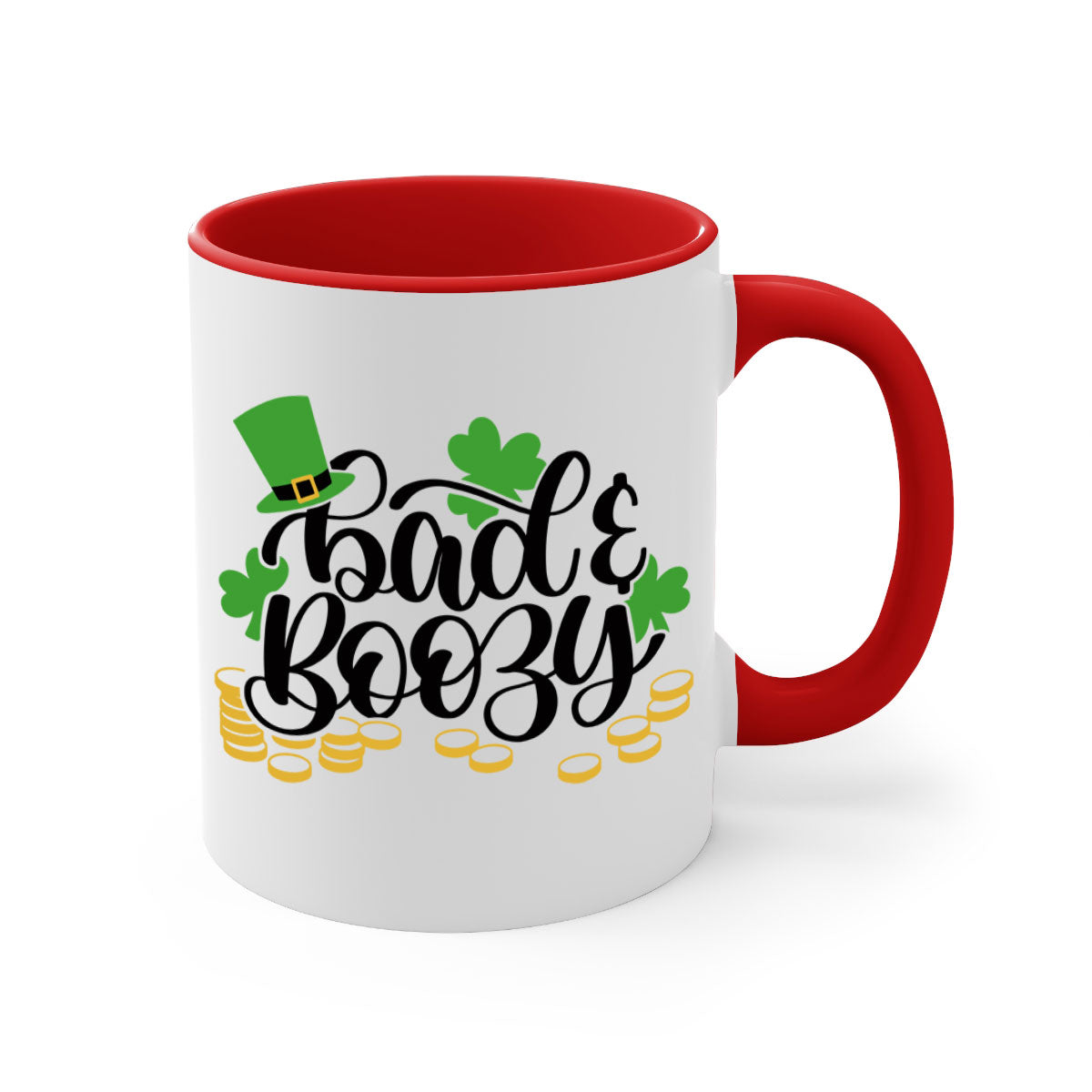 Bad Boozy Style 106# Mug featuring a two-tone design with a colored handle and glossy finish, perfect for St. Patrick's Day.