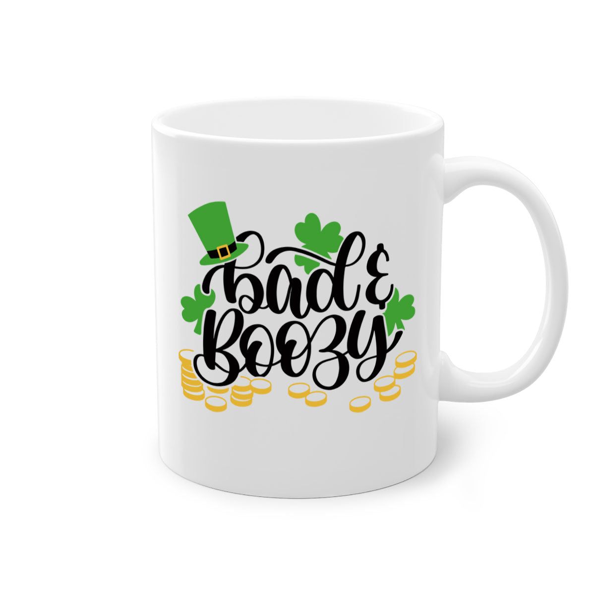 Bad Boozy Style 106# Mug featuring a two-tone design with a colored handle and glossy finish, perfect for St. Patrick's Day.