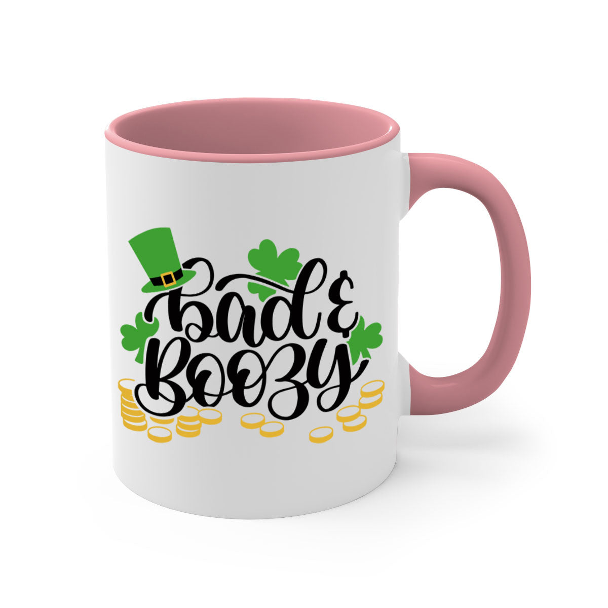 Bad Boozy Style 106# Mug featuring a two-tone design with a colored handle and glossy finish, perfect for St. Patrick's Day.