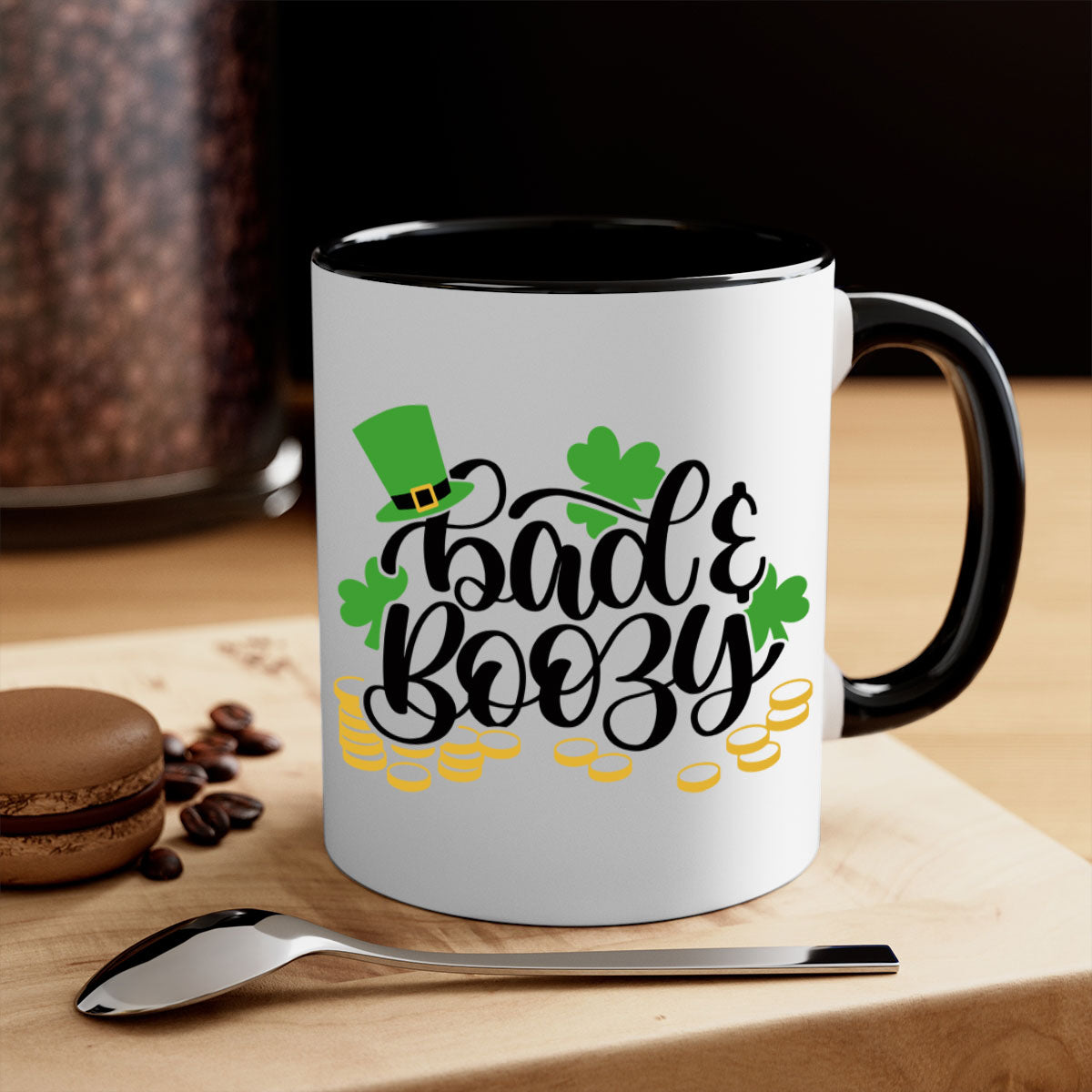 Bad Boozy Style 106# Mug featuring a two-tone design with a colored handle and glossy finish, perfect for St. Patrick's Day.