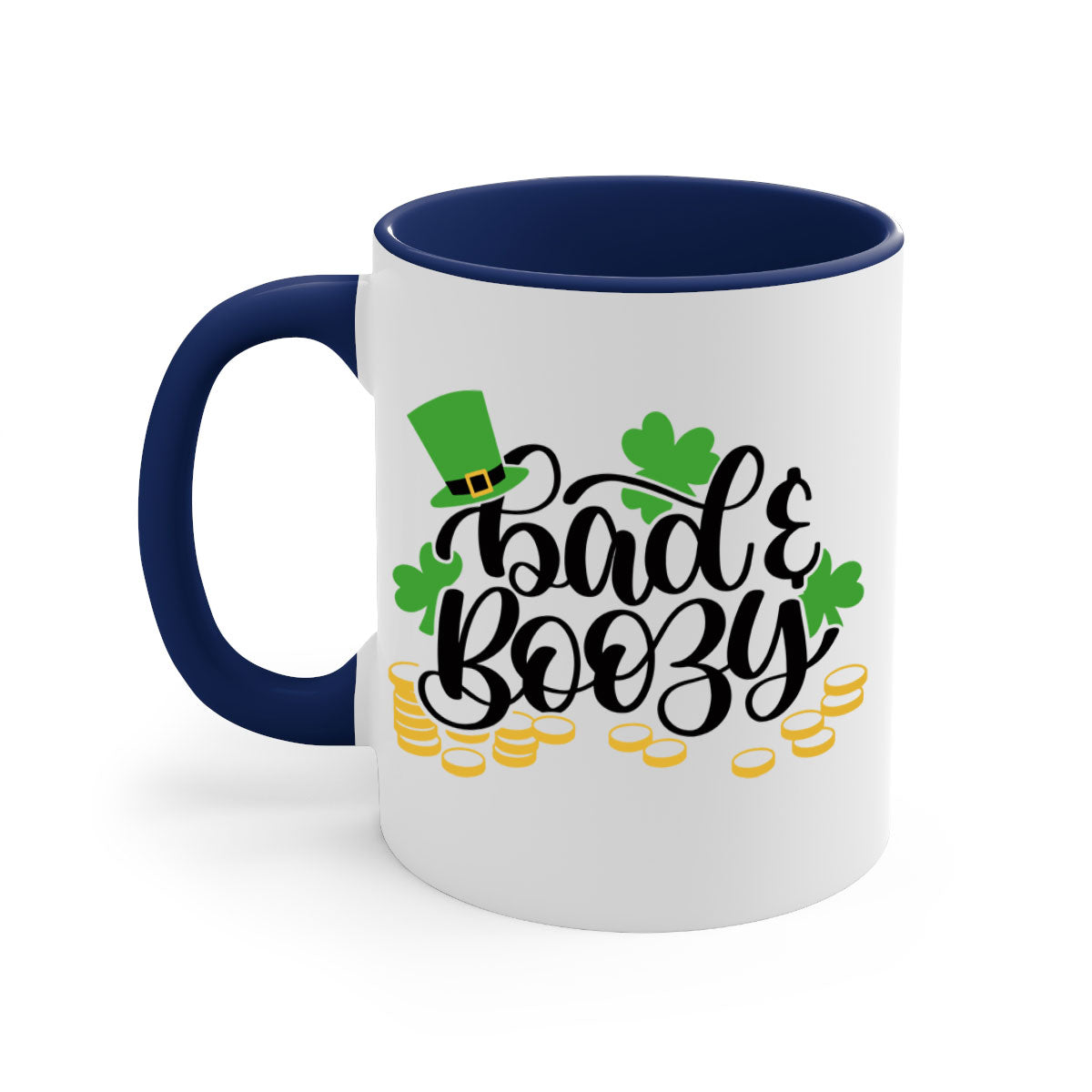 Bad Boozy Style 106# Mug featuring a two-tone design with a colored handle and glossy finish, perfect for St. Patrick's Day.