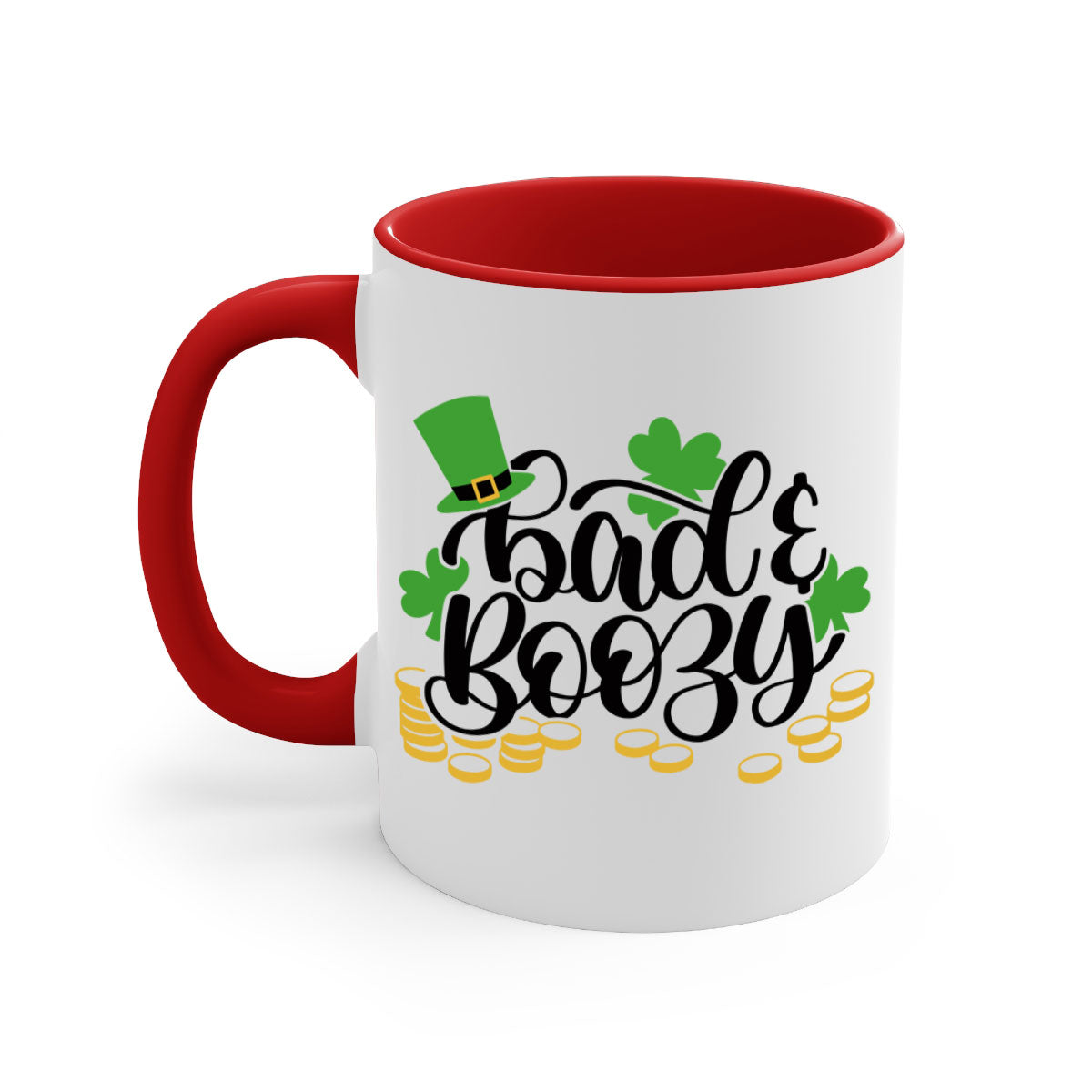 Bad Boozy Style 106# Mug featuring a two-tone design with a colored handle and glossy finish, perfect for St. Patrick's Day.