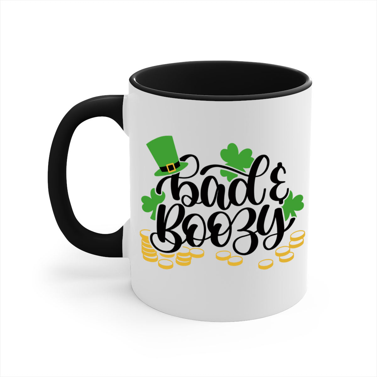 Bad Boozy Style 106# Mug featuring a two-tone design with a colored handle and glossy finish, perfect for St. Patrick's Day.