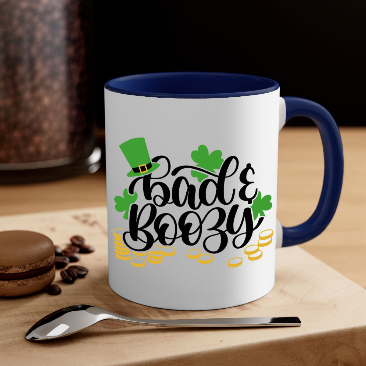 Bad Boozy Style 106# Mug featuring a two-tone design with a colored handle and glossy finish, perfect for St. Patrick's Day.