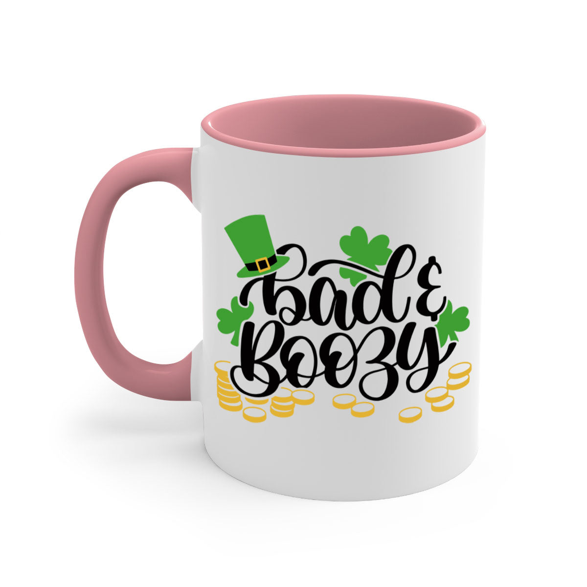 Bad Boozy Style 106# Mug featuring a two-tone design with a colored handle and glossy finish, perfect for St. Patrick's Day.