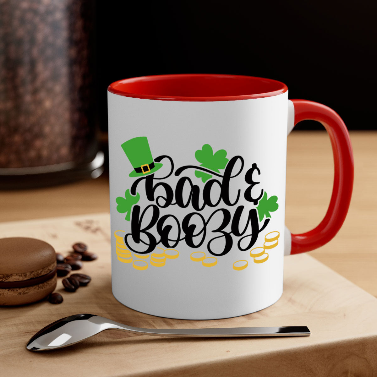 Bad Boozy Style 106# Mug featuring a two-tone design with a colored handle and glossy finish, perfect for St. Patrick's Day.