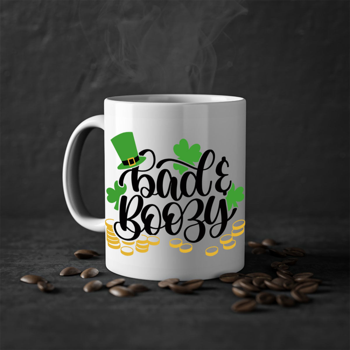 Bad Boozy Style 106# Mug featuring a two-tone design with a colored handle and glossy finish, perfect for St. Patrick's Day.