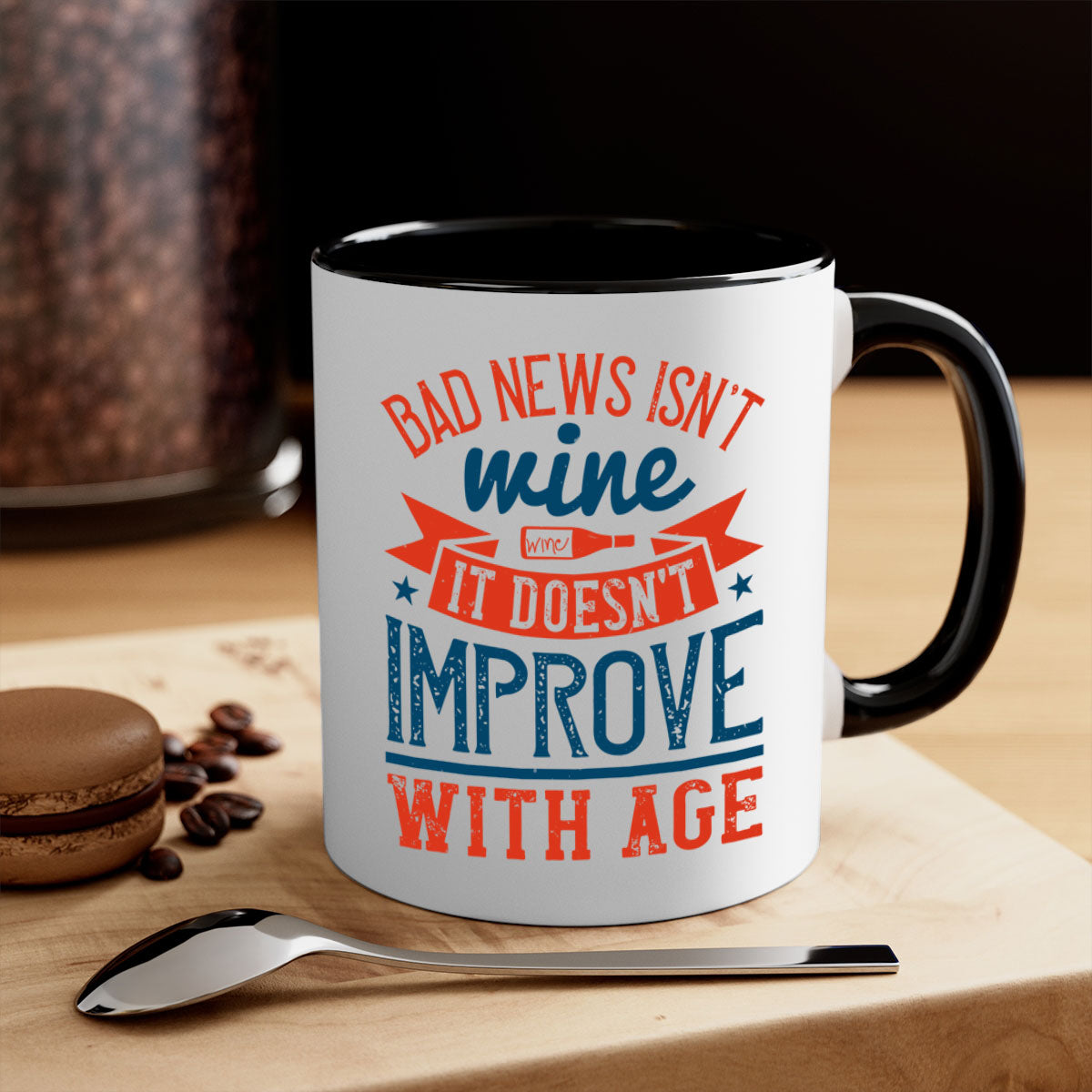 Ceramic coffee mug with a humorous quote, featuring a glossy finish and a colored handle, available in multiple colors.