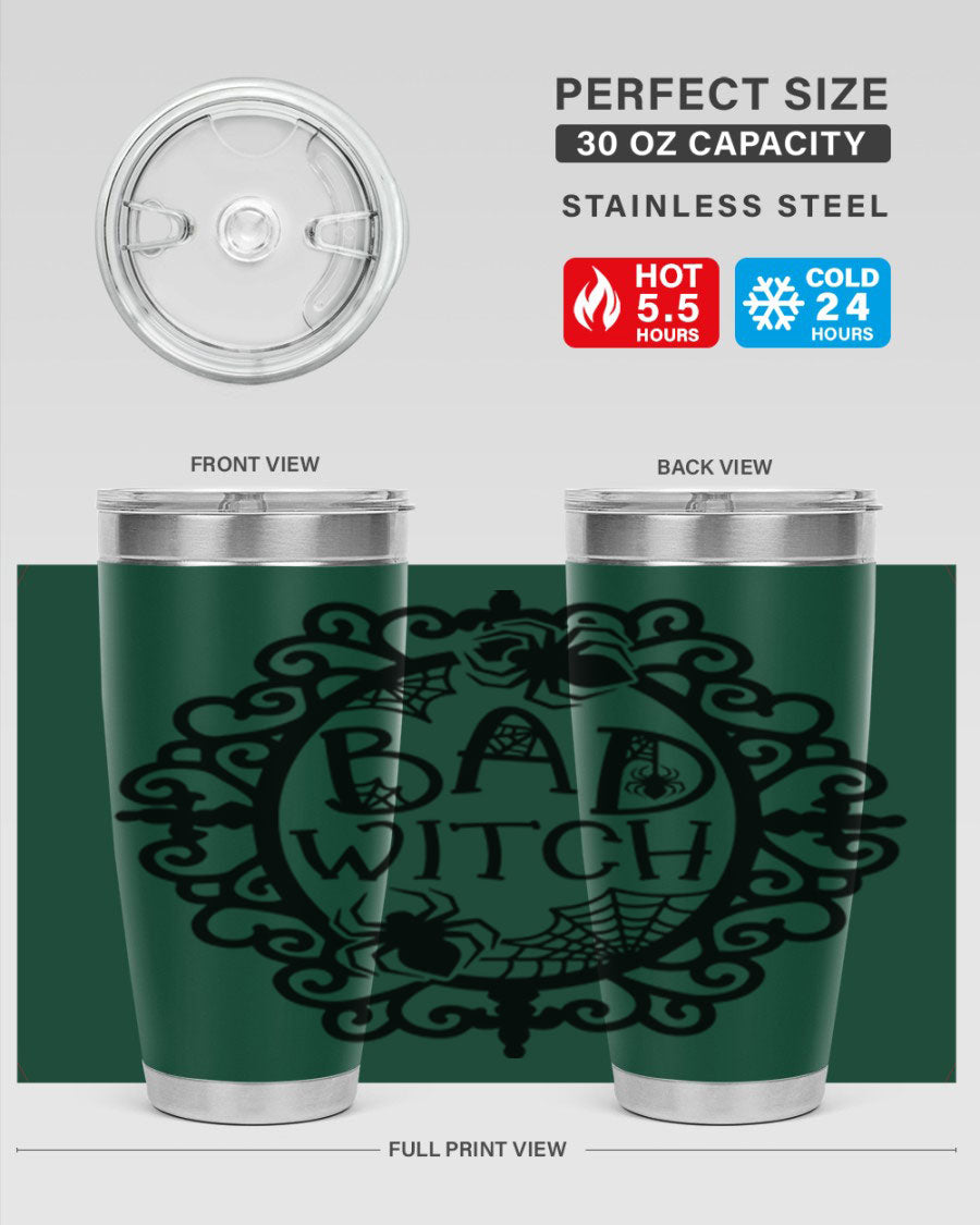 Bad Witch 92# Halloween Tumbler in 20oz and 30oz sizes, featuring a stylish design with double wall vacuum insulation.