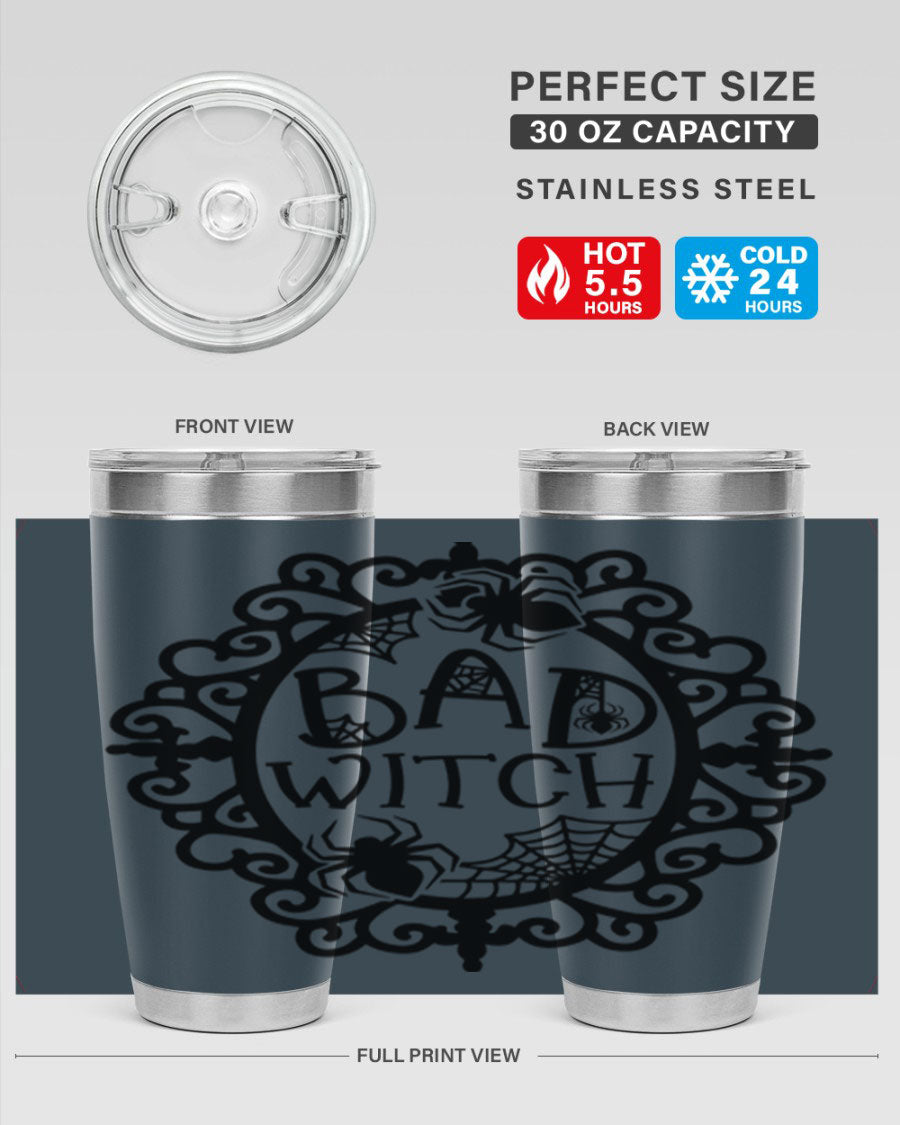 Bad Witch 92# Halloween Tumbler in 20oz and 30oz sizes, featuring a stylish design with double wall vacuum insulation.