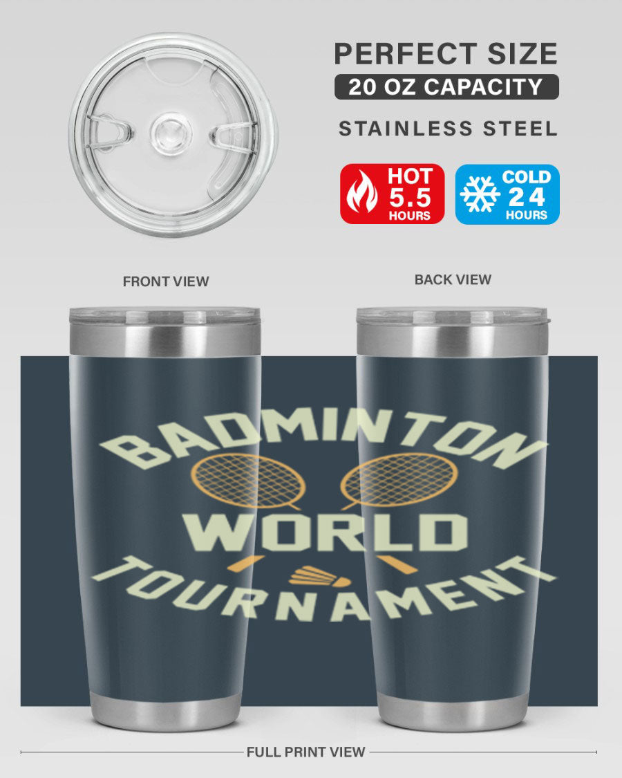 Badminton 1449# 20oz Tumbler in stainless steel with a drink-thru lid, showcasing its sleek design and double wall vacuum insulation.