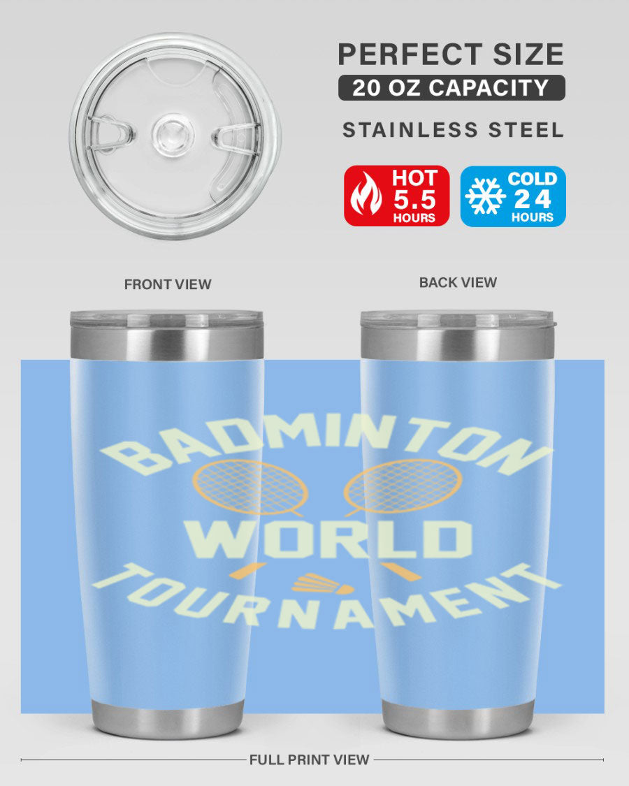 Badminton 1449# 20oz Tumbler in stainless steel with a drink-thru lid, showcasing its sleek design and double wall vacuum insulation.