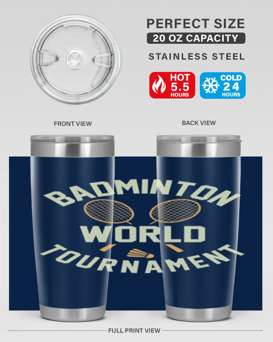 Badminton 1449# 20oz Tumbler in stainless steel with a drink-thru lid, showcasing its sleek design and double wall vacuum insulation.