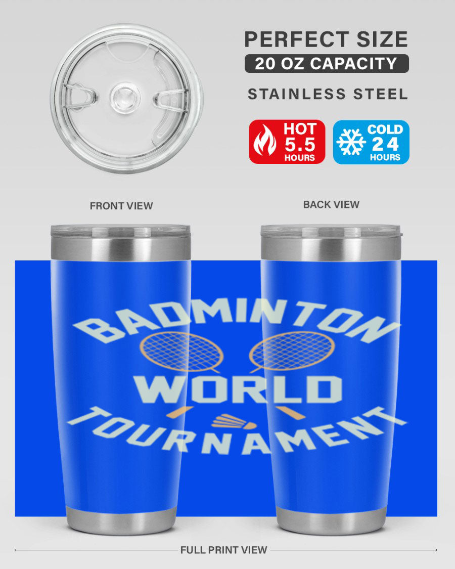 Badminton 1449# 20oz Tumbler in stainless steel with a drink-thru lid, showcasing its sleek design and double wall vacuum insulation.