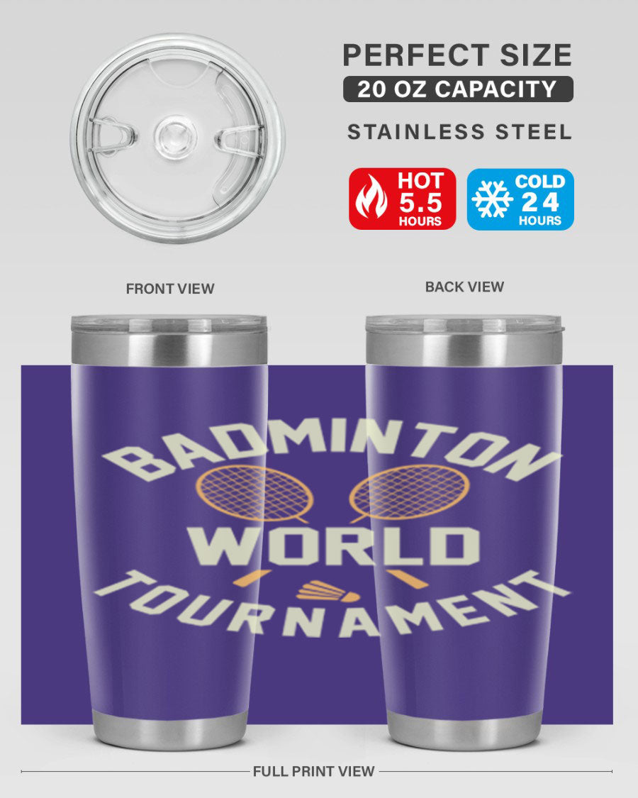 Badminton 1449# 20oz Tumbler in stainless steel with a drink-thru lid, showcasing its sleek design and double wall vacuum insulation.