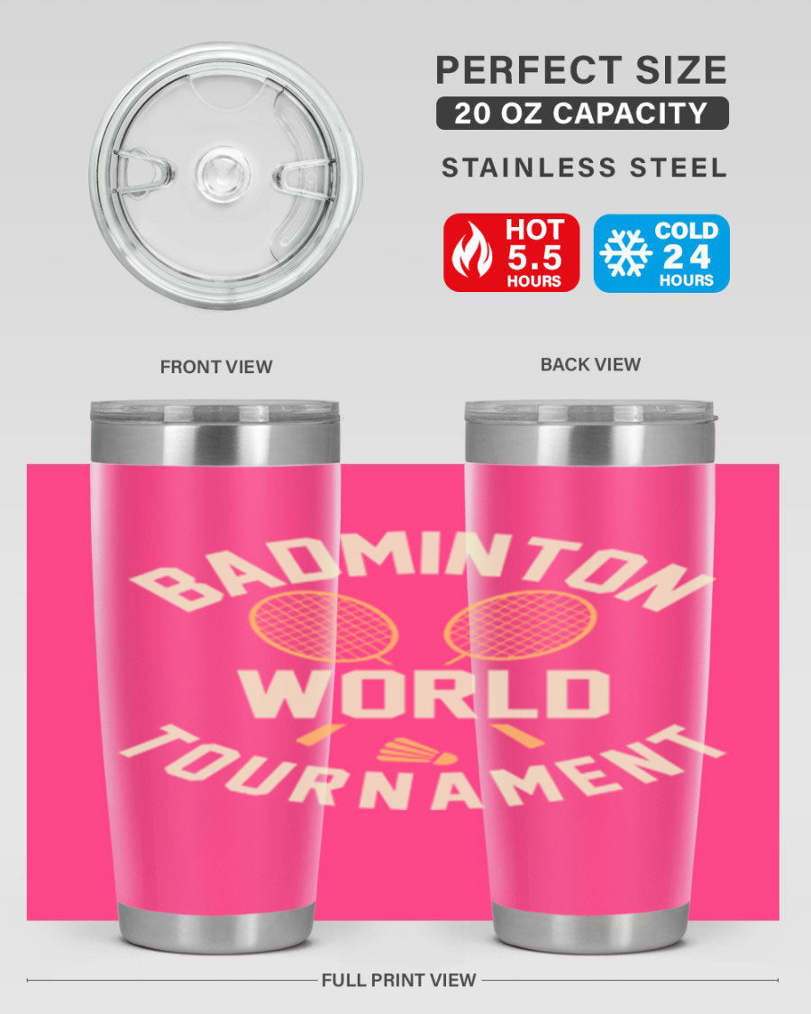 Badminton 1449# 20oz Tumbler in stainless steel with a drink-thru lid, showcasing its sleek design and double wall vacuum insulation.