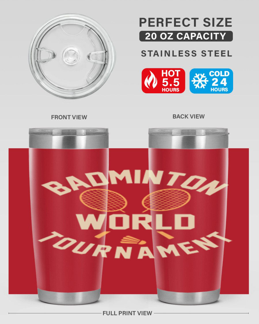 Badminton 1449# 20oz Tumbler in stainless steel with a drink-thru lid, showcasing its sleek design and double wall vacuum insulation.