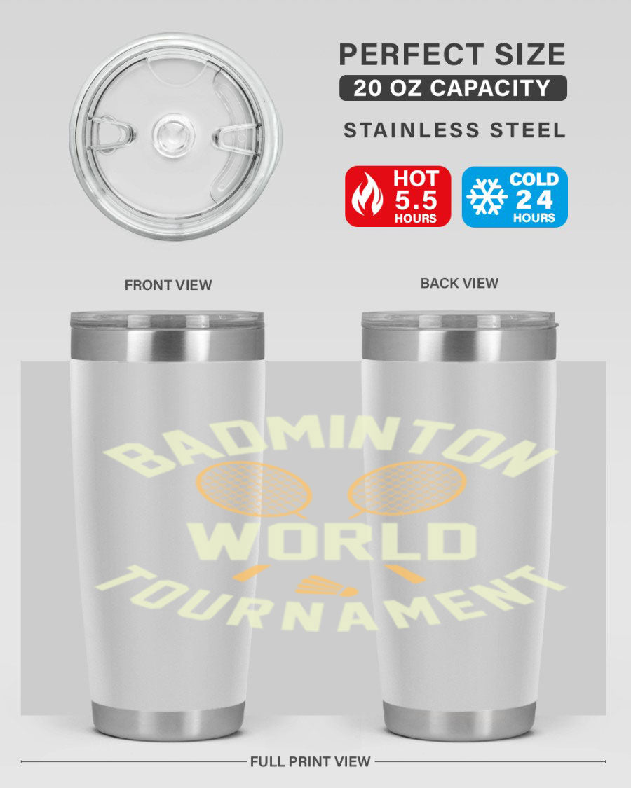 Badminton 1449# 20oz Tumbler in stainless steel with a drink-thru lid, showcasing its sleek design and double wall vacuum insulation.
