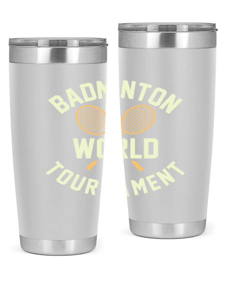 Badminton 1449# 20oz Tumbler in stainless steel with a drink-thru lid, showcasing its sleek design and double wall vacuum insulation.