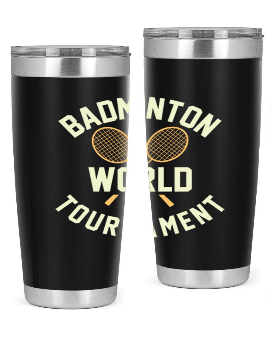 Badminton 1449# 20oz Tumbler in stainless steel with a drink-thru lid, showcasing its sleek design and double wall vacuum insulation.