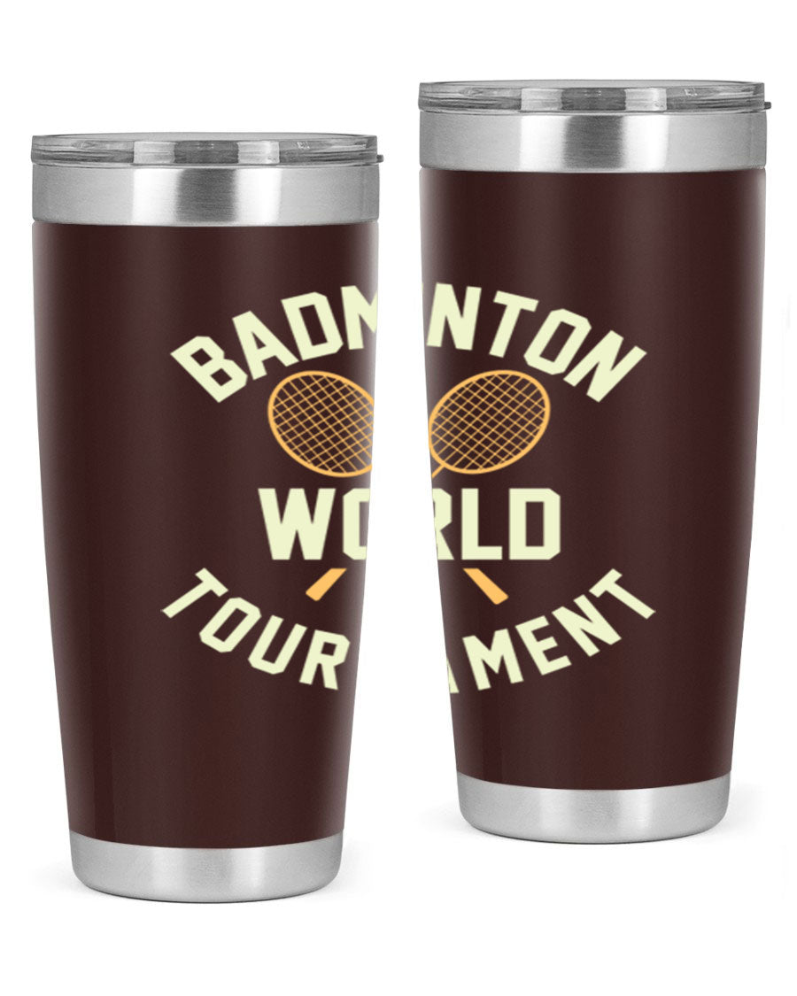 Badminton 1449# 20oz Tumbler in stainless steel with a drink-thru lid, showcasing its sleek design and double wall vacuum insulation.