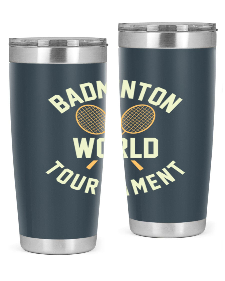 Badminton 1449# 20oz Tumbler in stainless steel with a drink-thru lid, showcasing its sleek design and double wall vacuum insulation.