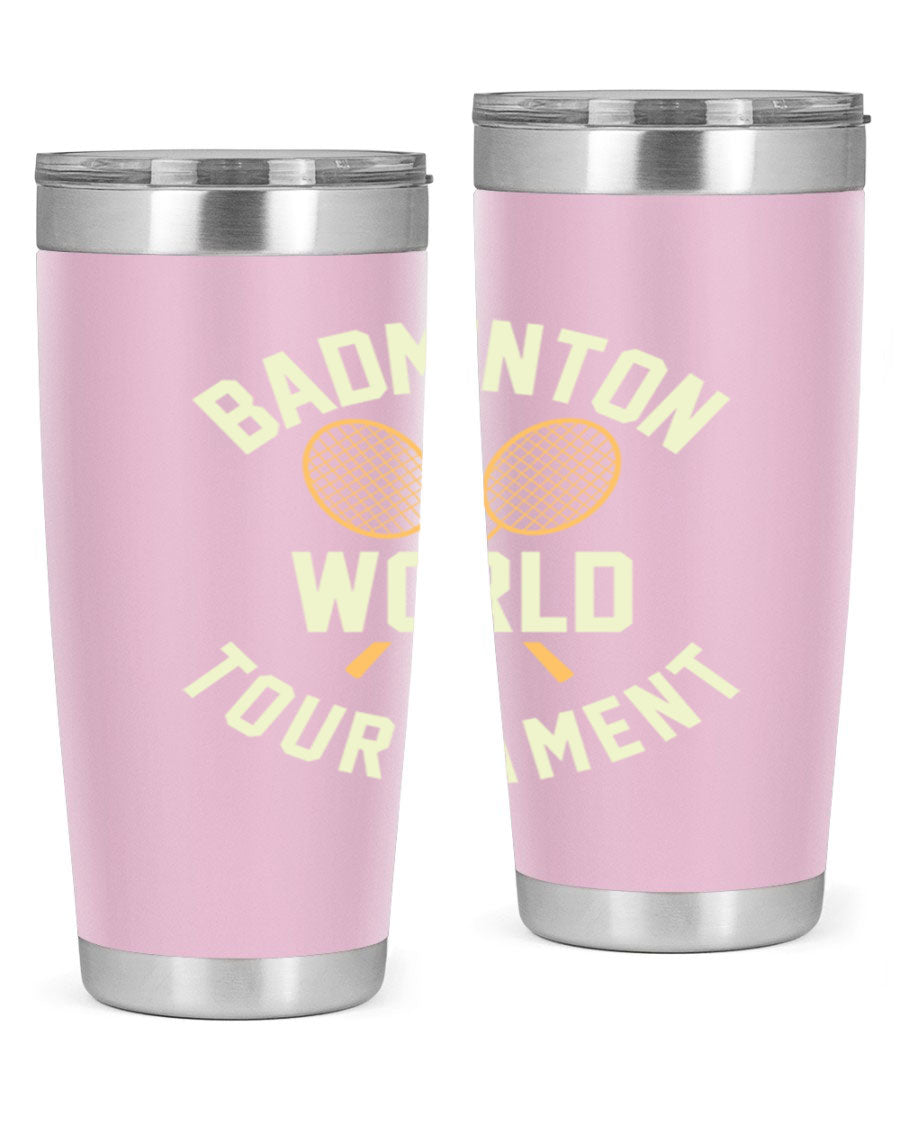 Badminton 1449# 20oz Tumbler in stainless steel with a drink-thru lid, showcasing its sleek design and double wall vacuum insulation.