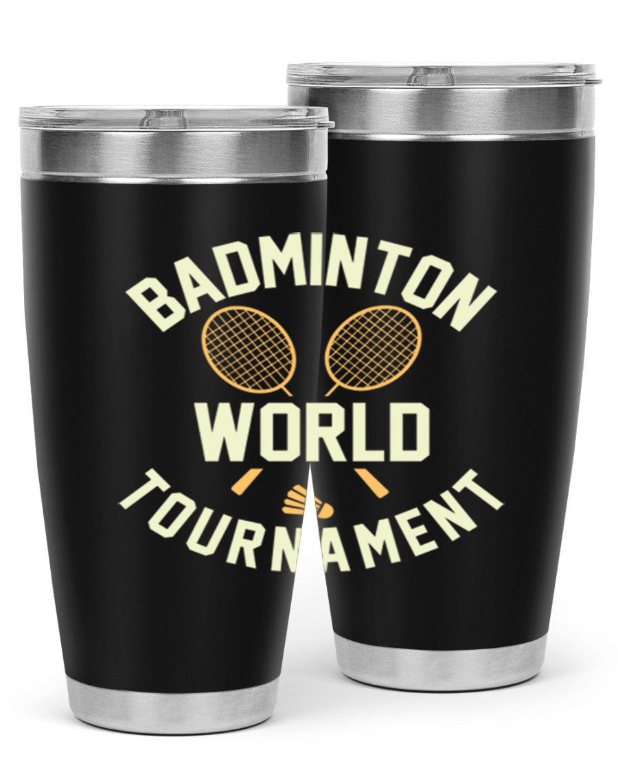 Badminton 1449# 20oz Tumbler in stainless steel with a drink-thru lid, showcasing its sleek design and double wall vacuum insulation.