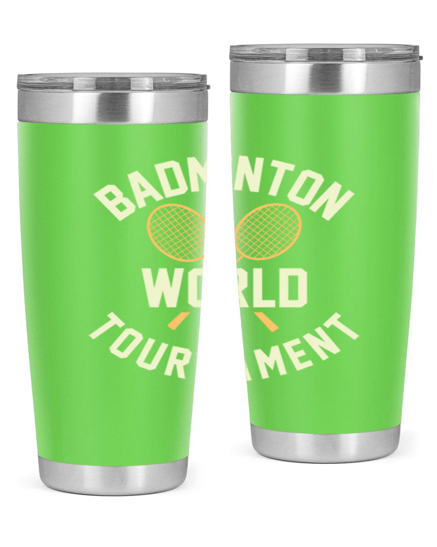 Badminton 1449# 20oz Tumbler in stainless steel with a drink-thru lid, showcasing its sleek design and double wall vacuum insulation.