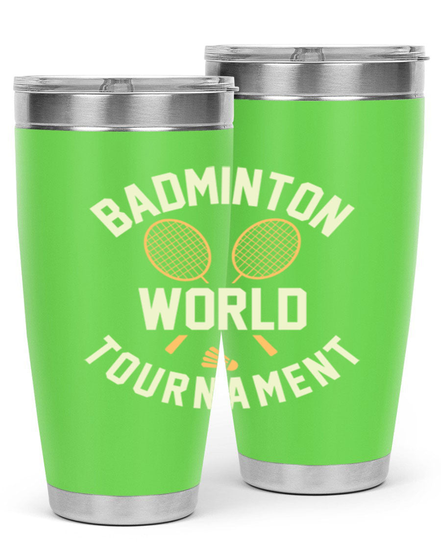Badminton 1449# 20oz Tumbler in stainless steel with a drink-thru lid, showcasing its sleek design and double wall vacuum insulation.