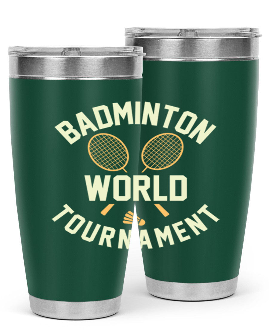 Badminton 1449# 20oz Tumbler in stainless steel with a drink-thru lid, showcasing its sleek design and double wall vacuum insulation.