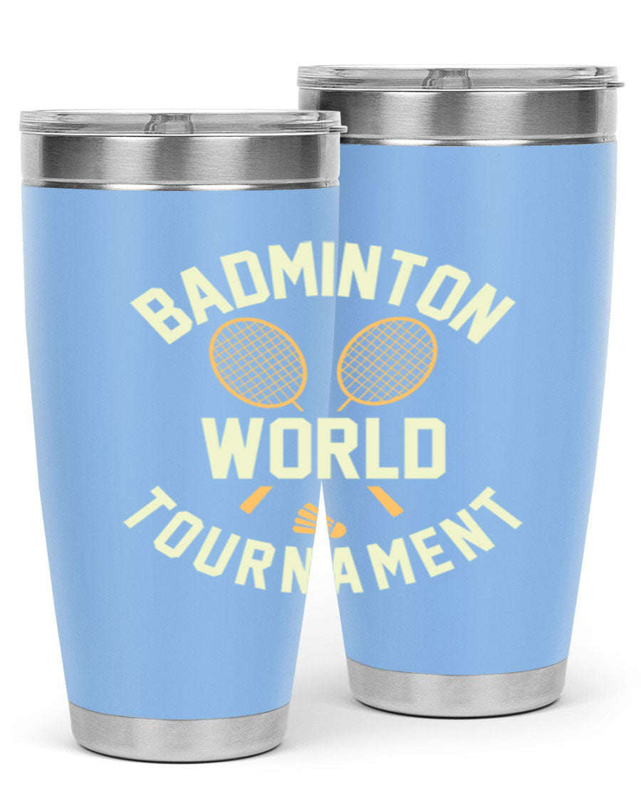 Badminton 1449# 20oz Tumbler in stainless steel with a drink-thru lid, showcasing its sleek design and double wall vacuum insulation.