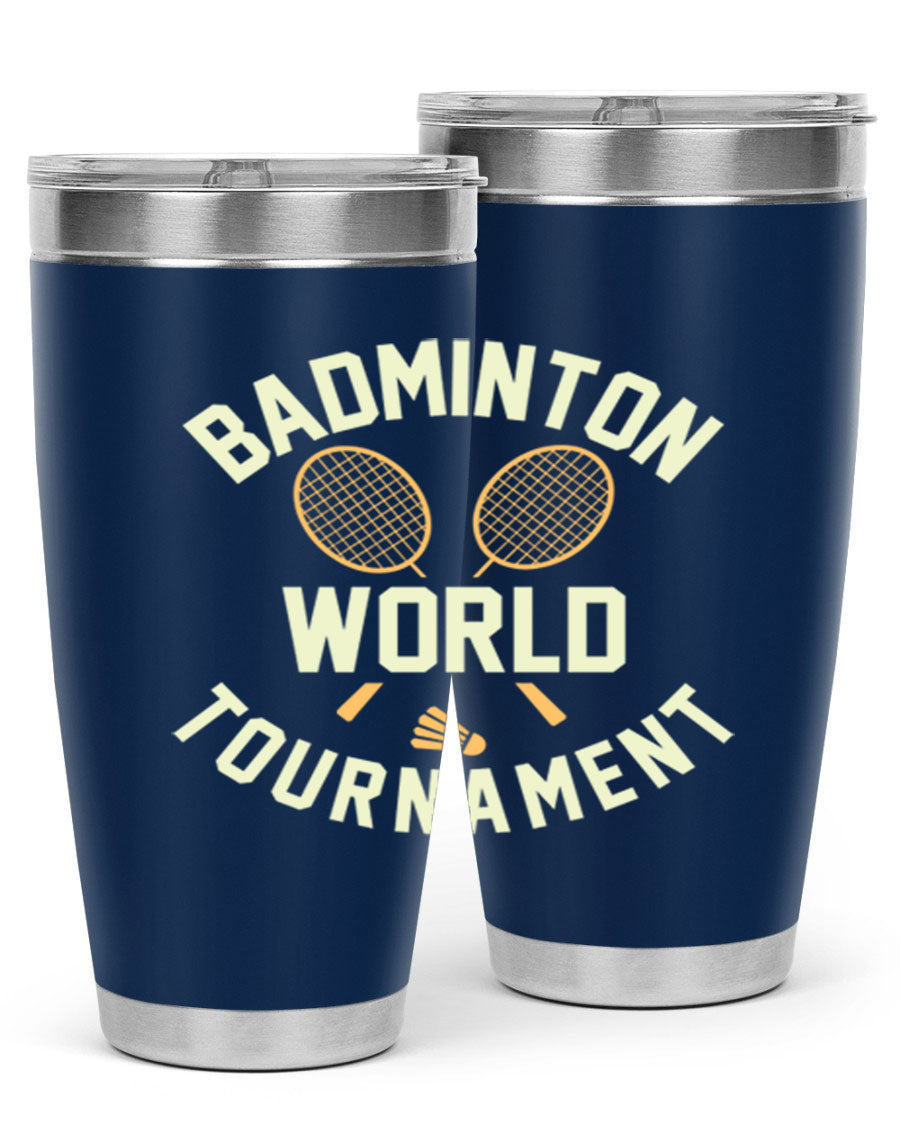 Badminton 1449# 20oz Tumbler in stainless steel with a drink-thru lid, showcasing its sleek design and double wall vacuum insulation.