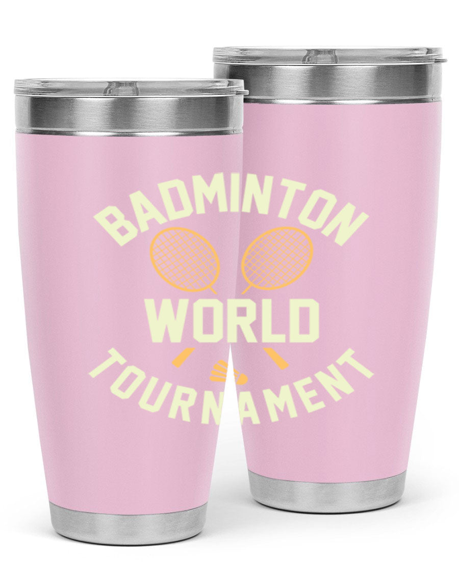 Badminton 1449# 20oz Tumbler in stainless steel with a drink-thru lid, showcasing its sleek design and double wall vacuum insulation.