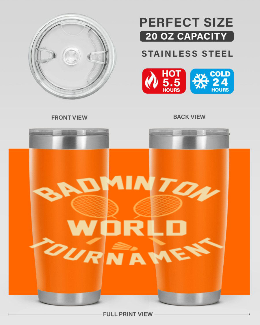 Badminton 1449# 20oz Tumbler in stainless steel with a drink-thru lid, showcasing its sleek design and double wall vacuum insulation.