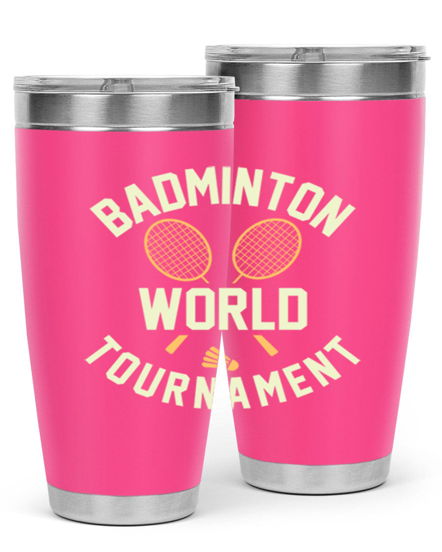 Badminton 1449# 20oz Tumbler in stainless steel with a drink-thru lid, showcasing its sleek design and double wall vacuum insulation.