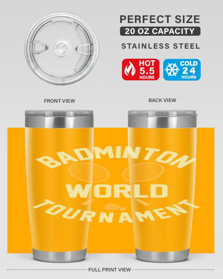 Badminton 1449# 20oz Tumbler in stainless steel with a drink-thru lid, showcasing its sleek design and double wall vacuum insulation.